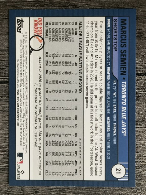 2021 Topps Big League #21 Marcus Semien