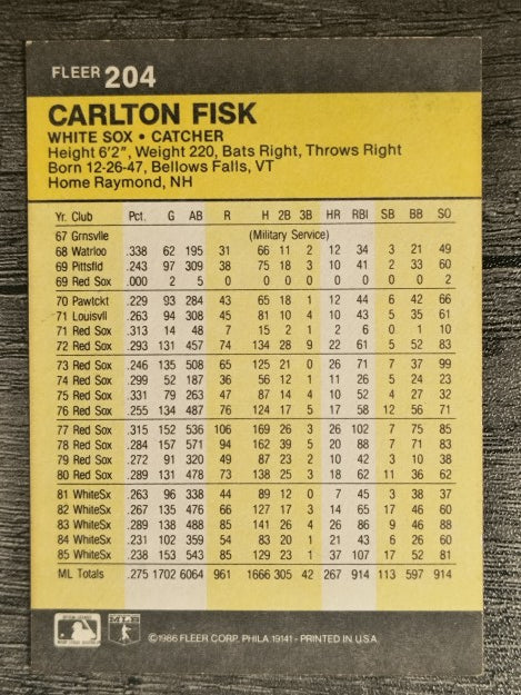 1986 Fleer #204 Carlton Fisk