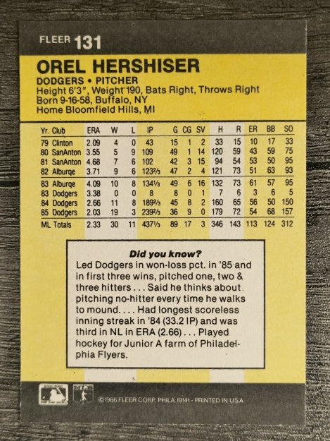 1986 Fleer #131 Orel Hershiser