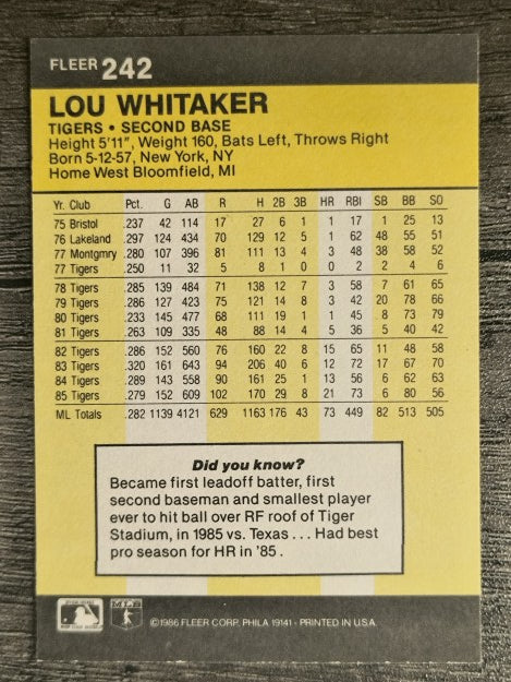 1986 Fleer #242 Lou Whitaker