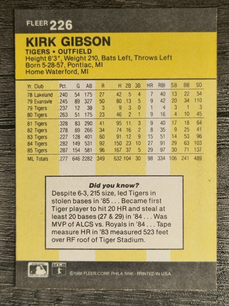 1986 Fleer #226 Kirk Gibson