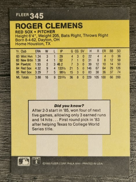 1986 Fleer #345 Roger Clemens (NM)