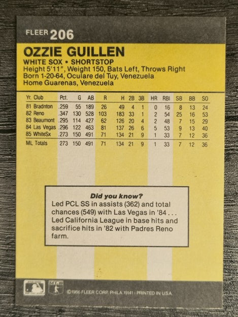 1986 Fleer #206 Ozzie Guillen RC (NM)