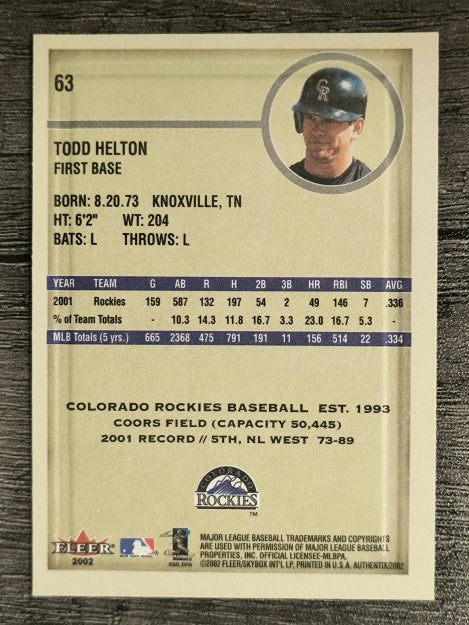2002 Fleer Authentix #63 Todd Helton