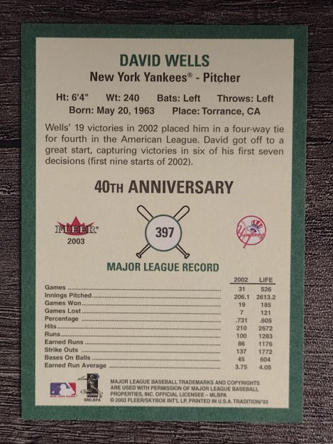 2003 Fleer Tradition #397 David Wells