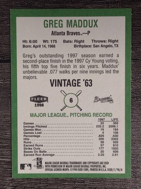 1998 Fleer Tradition Vintage '63 #6 Greg Maddux