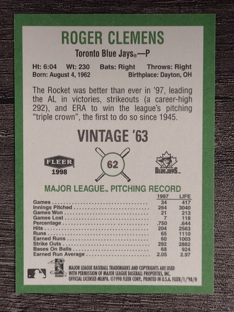 1998 Fleer Tradition Vintage '63 #62 Roger Clemens