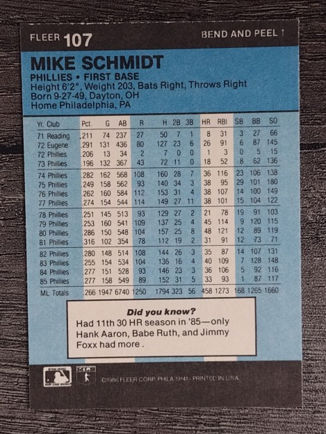 1986 Fleer Star Stickers #107 Mike Schmidt