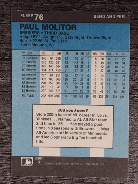 1986 Fleer Star Stickers #76 Paul Molitor