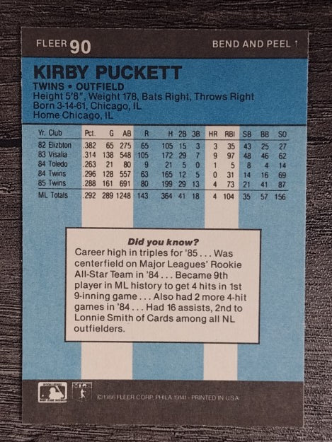 1986 Fleer Star Stickers #90 Kirby Puckett
