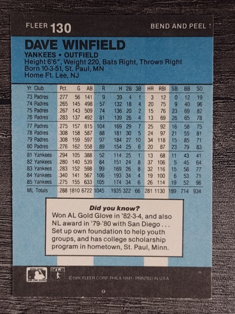 1986 Fleer Star Stickers #130 Dave Winfield