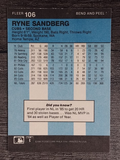 1986 Fleer Star Stickers #106 Ryne Sandberg
