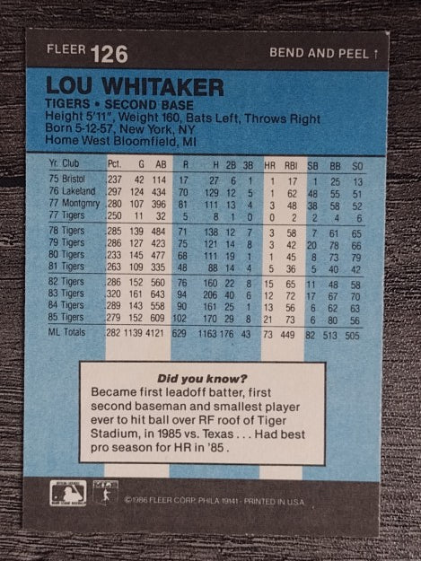 1986 Fleer Star Stickers #126 Lou Whitaker
