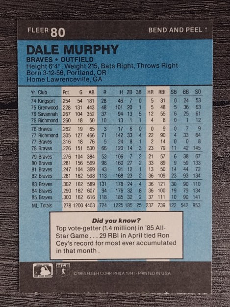 1986 Fleer Star Stickers #80 Dale Murphy