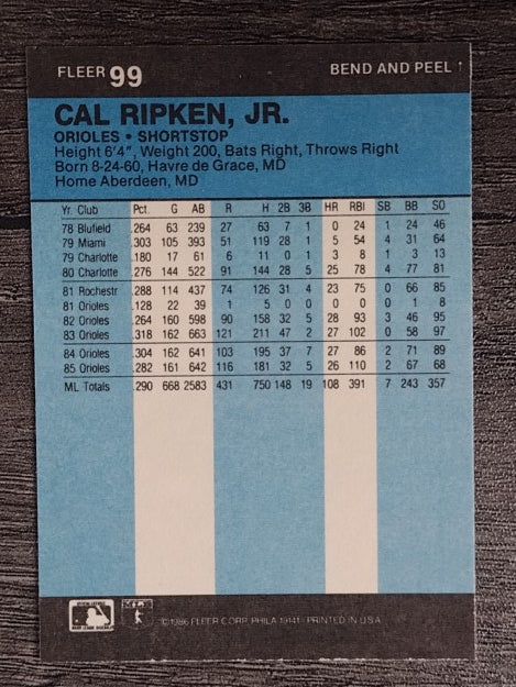 1986 Fleer Star Stickers #99 Cal Ripken (NM)