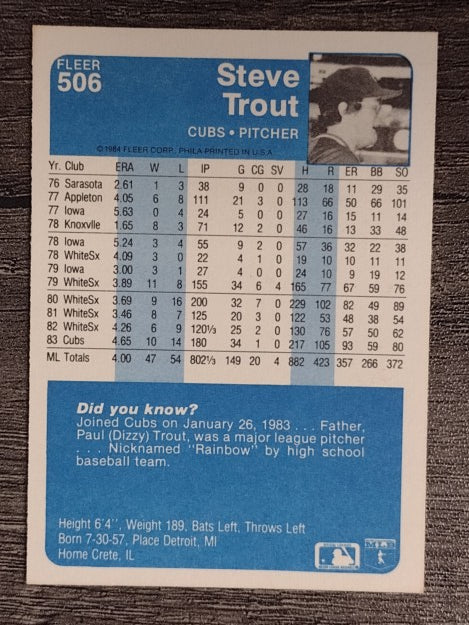 1984 Fleer #506 Steve Trout