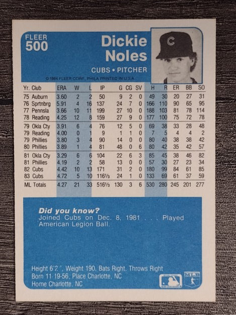 1984 Fleer #500 Dickie Noles