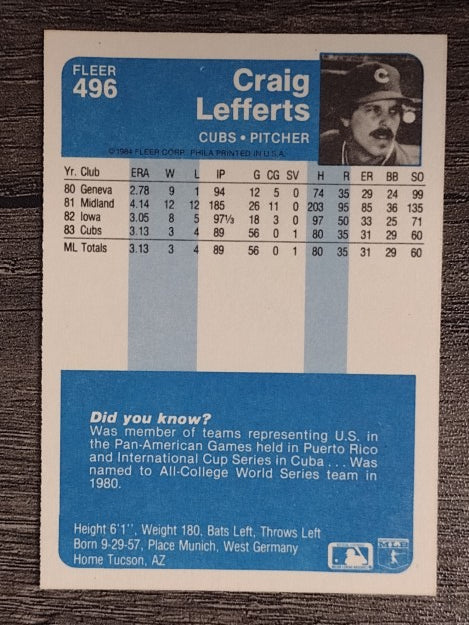 1984 Fleer #496 Craig Lefferts RC