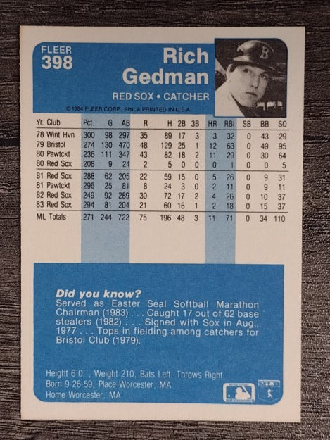 1984 Fleer #398 Rich Gedman