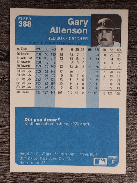 1984 Fleer #388 Gary Allenson