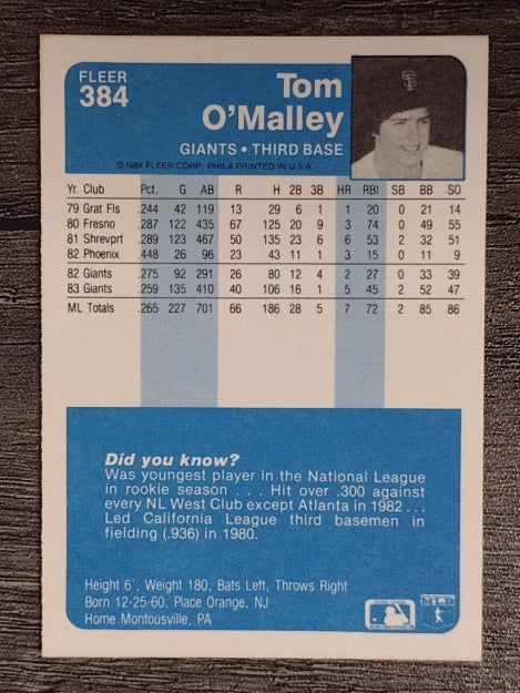 1984 Fleer #384 Tom O'Malley