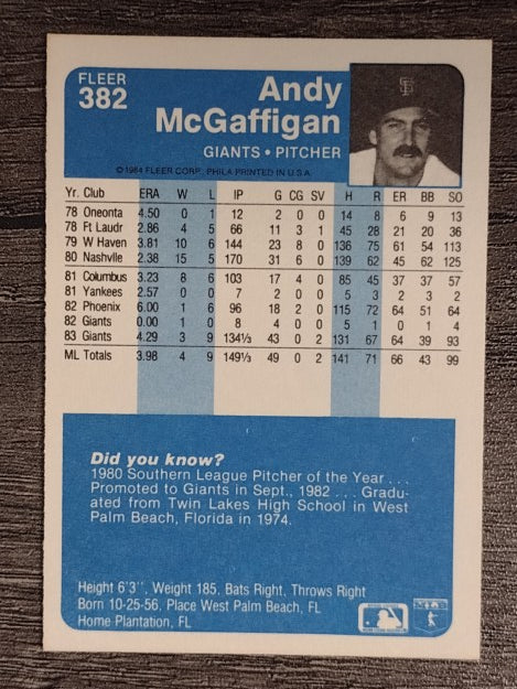 1984 Fleer #382 Andy McGaffigan