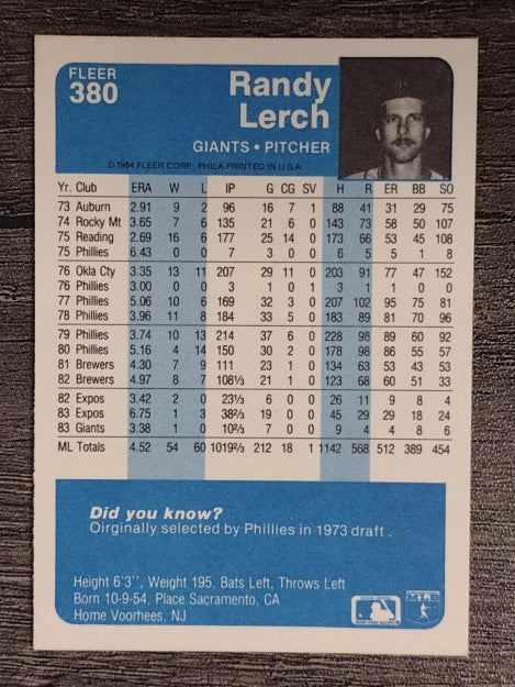1984 Fleer #380 Randy Lerch