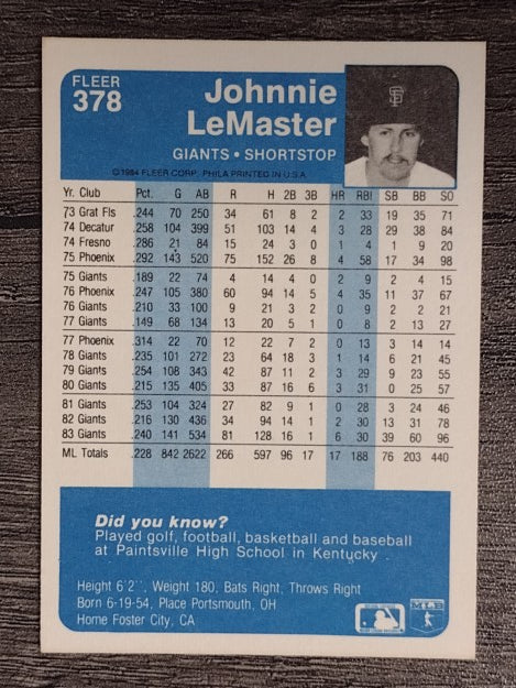 1984 Fleer #378 Johnnie LeMaster