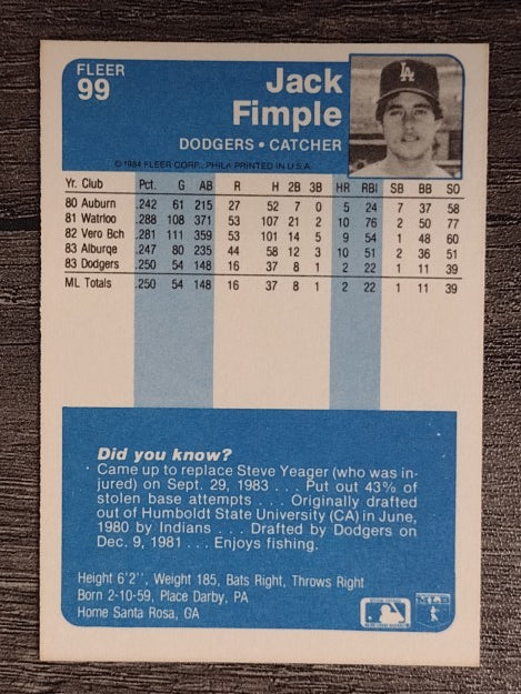1984 Fleer #99 Jack Fimple