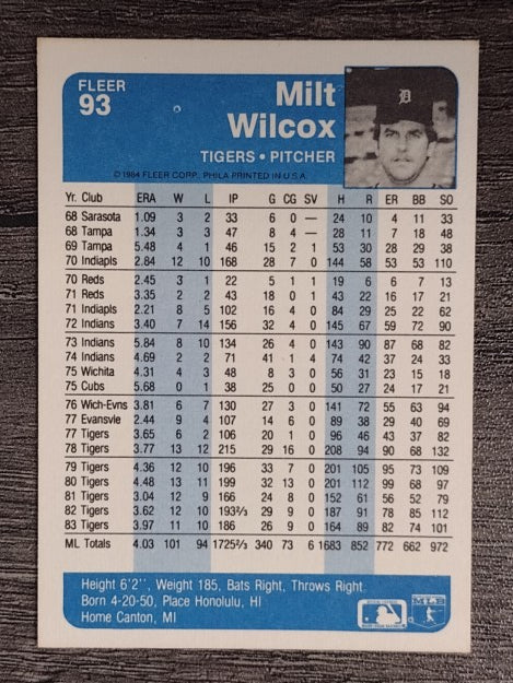 1984 Fleer #93 Milt Wilcox