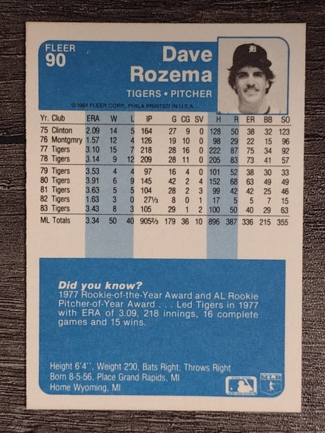 1984 Fleer #90 Dave Rozema