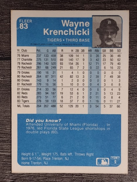 1984 Fleer #83 Wayne Krenchicki
