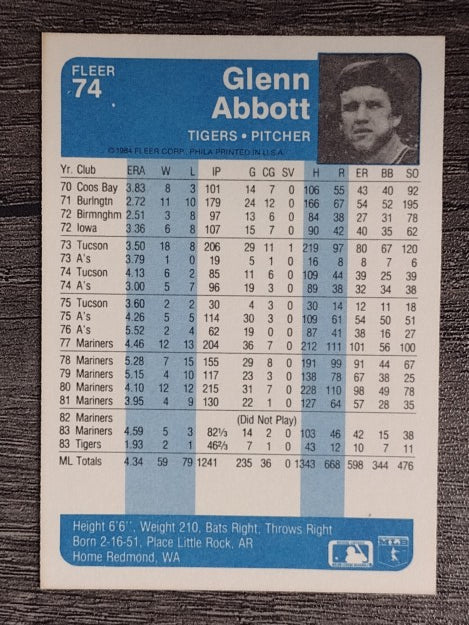 1984 Fleer #74 Glenn Abbott