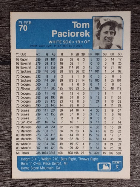 1984 Fleer #70 Tom Paciorek