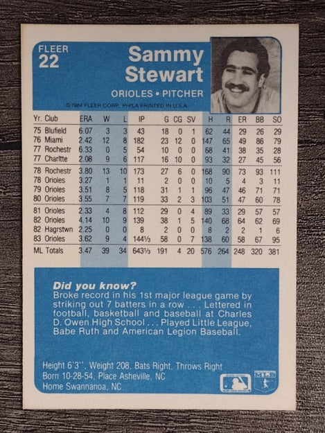 1984 Fleer #22 Sammy Stewart