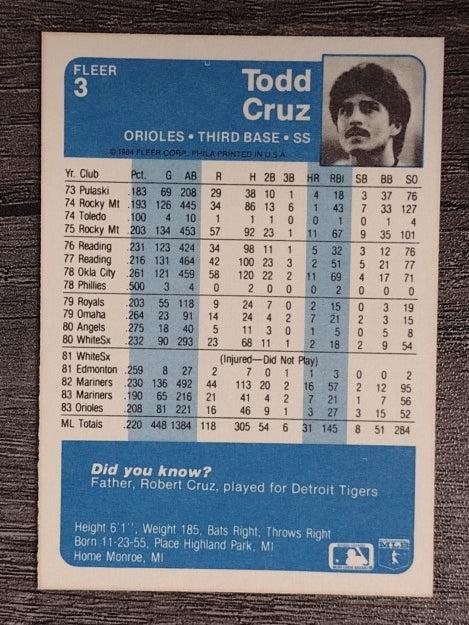 1984 Fleer #3 Todd Cruz
