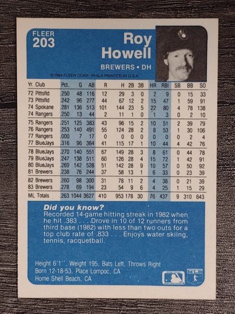 1984 Fleer #203 Roy Howell