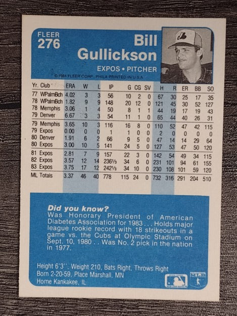 1984 Fleer #276 Bill Gullickson