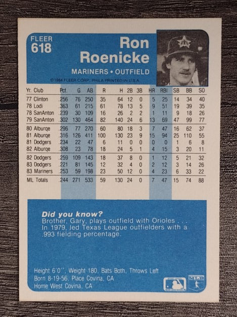 1984 Fleer #618 Ron Roenicke