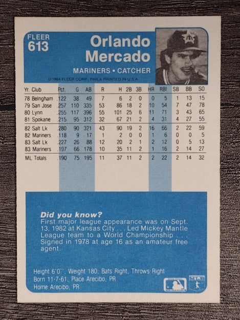 1984 Fleer #613 Orlando Mercado