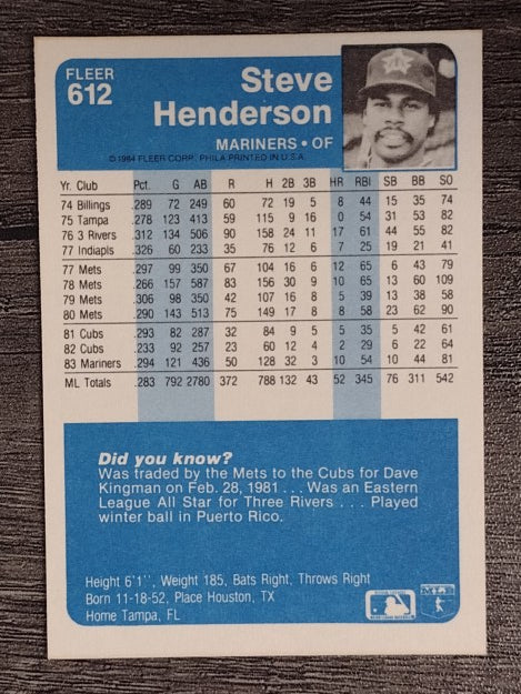 1984 Fleer #612 Steve Henderson