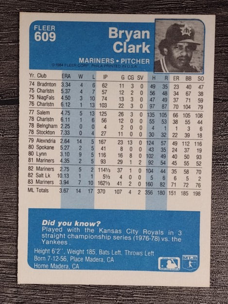 1984 Fleer #609 Bryan Clark
