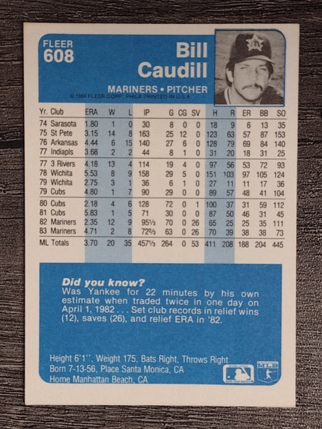 1984 Fleer #608 Bill Caudill
