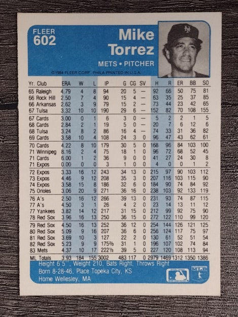 1984 Fleer #602 Mike Torrez