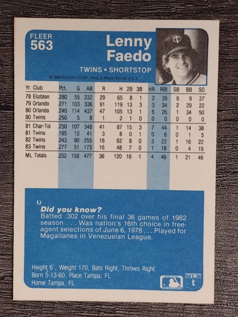 1984 Fleer #563 Lenny Faedo