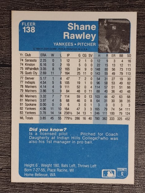 1984 Fleer #138 Shane Rawley