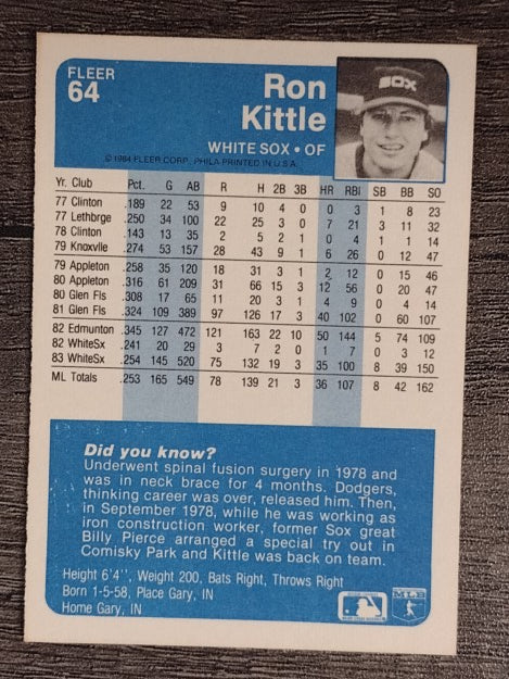 1984 Fleer #64 Ron Kittle