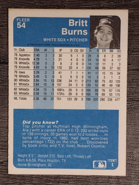1984 Fleer #54 Britt Burns