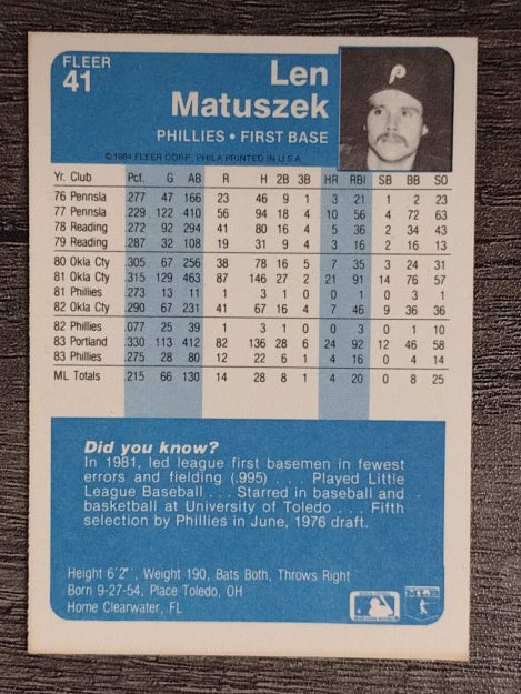 1984 Fleer #41 Len Matuszek