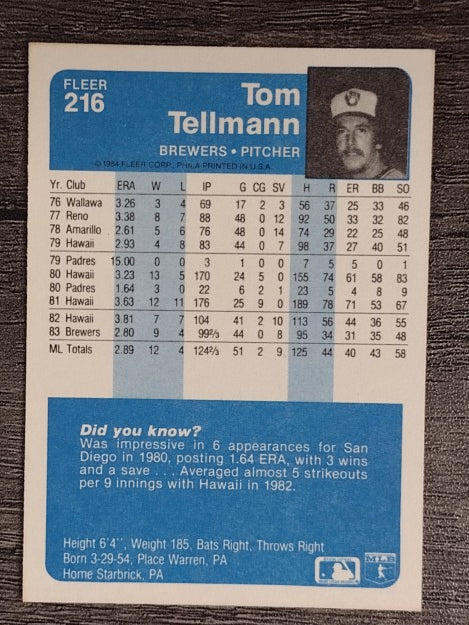 1984 Fleer #216 Tom Tellmann